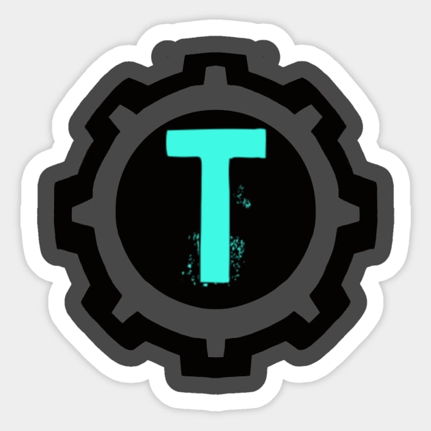 Ice Blue Letter T in a Black Industrial Cog Sticker by MistarCo